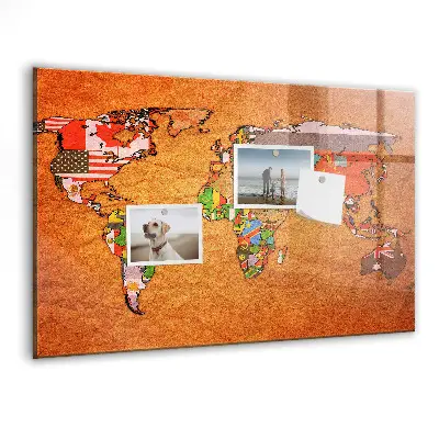 Magnetic glass dry erase board with world map and flag design