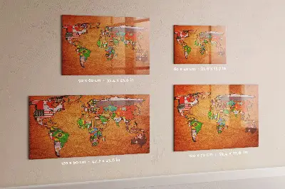 Magnetic glass dry erase board with world map and flag design