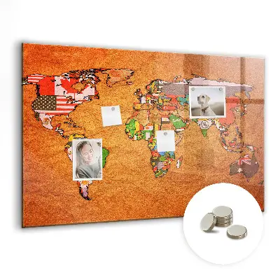 Magnetic glass dry erase board with world map and flag design