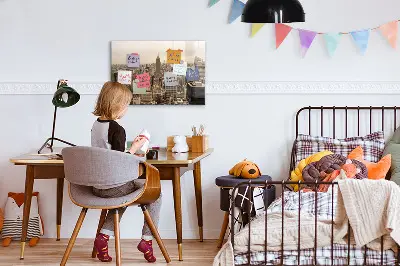 Magnetic wall board with city landscape print