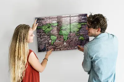 Magnetic Glass Dry Erase Board with Brick World Map Design