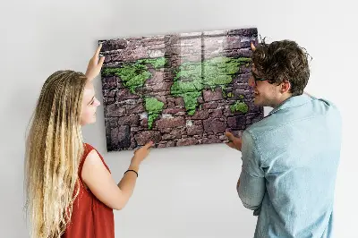 Magnetic Glass Dry Erase Board with Brick World Map Design