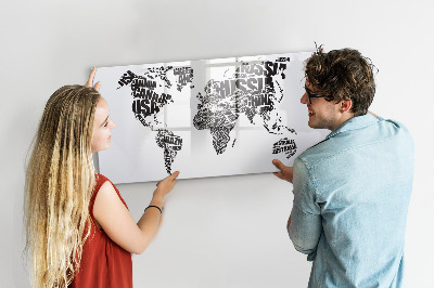 Magnetic writing board World map with inscriptions