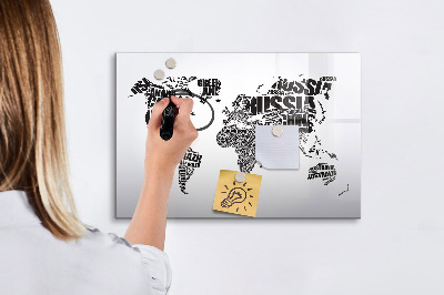 Magnetic writing board World map with inscriptions