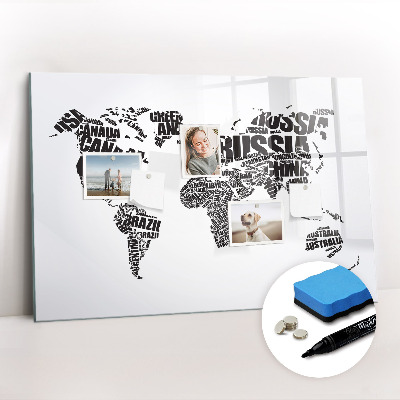 Magnetic writing board World map with inscriptions