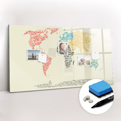 Magnetic writing board World map made of letters