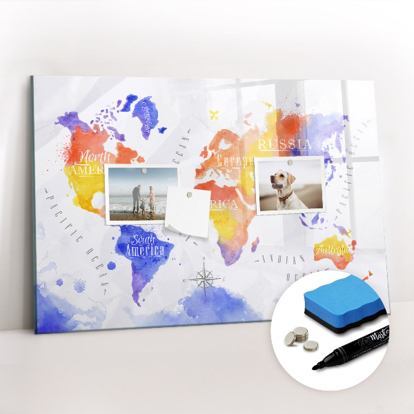 Magnetic erase board Watercolor world map
