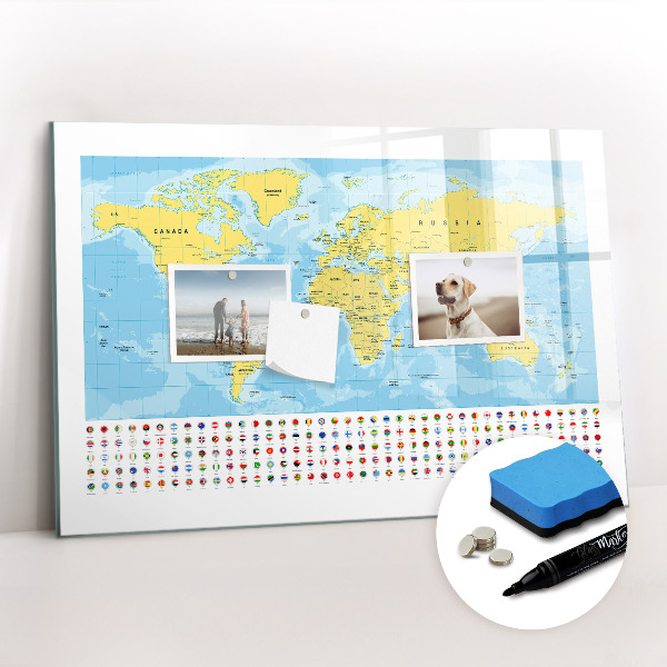 Magnetic writing board World Map and Flags