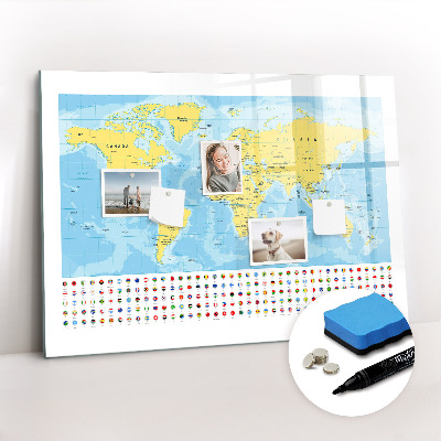 Magnetic writing board World Map and Flags