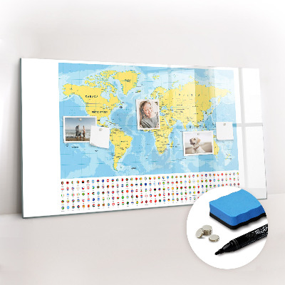 Magnetic writing board World Map and Flags