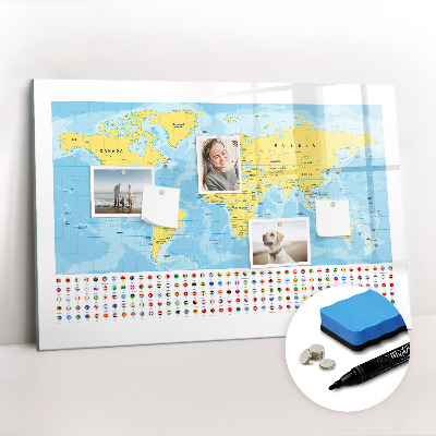 Magnetic writing board World Map and Flags