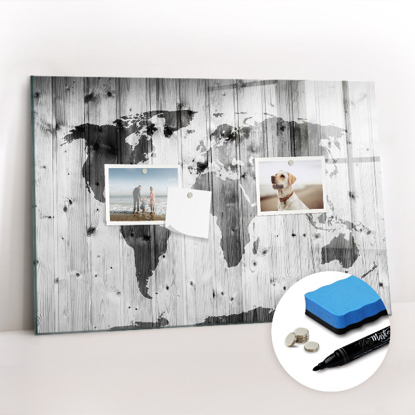 Magnetic writing board World map on wood