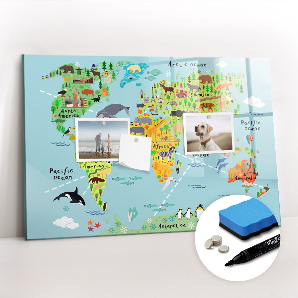 Magnetic writing board World map with animals