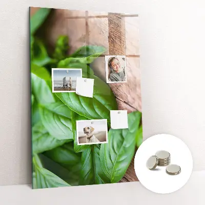 Magnetic glass dry erase board with basil leaves design