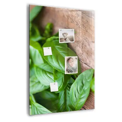 Magnetic glass dry erase board with basil leaves design