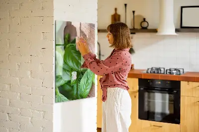 Magnetic glass dry erase board with basil leaves design