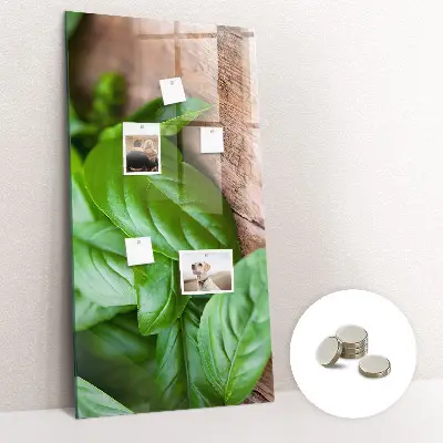 Magnetic glass dry erase board with basil leaves design