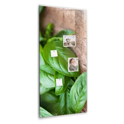 Magnetic glass dry erase board with basil leaves design