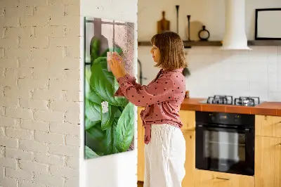 Magnetic glass dry erase board with basil leaves design