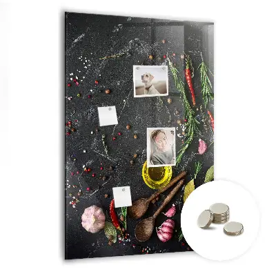 Magnetic glass dry erase board with spice composition print