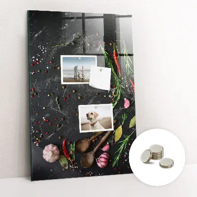 Magnetic glass dry erase board with spice composition print