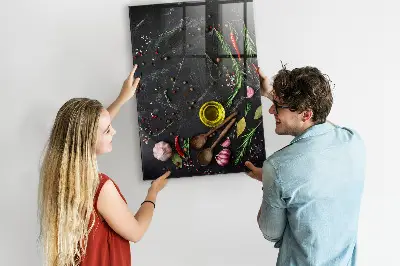 Magnetic glass dry erase board with spice composition print