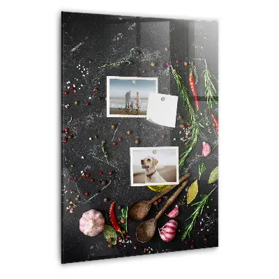 Magnetic glass dry erase board with spice composition print