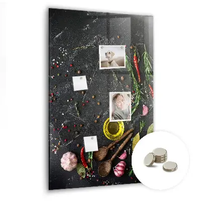 Magnetic glass dry erase board with spice composition print