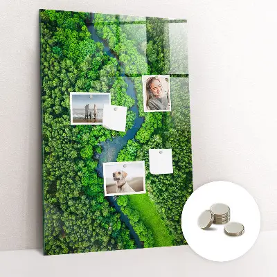 Magnetic glass dry erase board featuring a forest river print