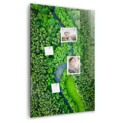 Magnetic glass dry erase board featuring a forest river print