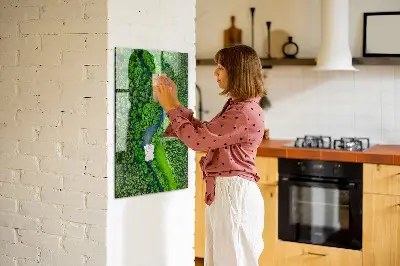 Magnetic glass dry erase board featuring a forest river print