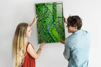 Magnetic glass dry erase board featuring a forest river print