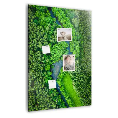 Magnetic glass dry erase board featuring a forest river print