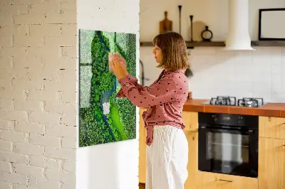 Magnetic glass dry erase board featuring a forest river print