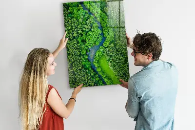 Magnetic glass dry erase board featuring a forest river print