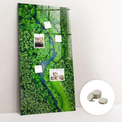 Magnetic glass dry erase board featuring a forest river print