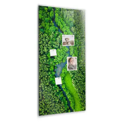 Magnetic glass dry erase board featuring a forest river print