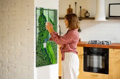Magnetic glass dry erase board featuring a forest river print
