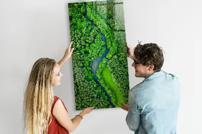 Magnetic glass dry erase board featuring a forest river print