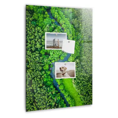 Magnetic glass dry erase board featuring a forest river print